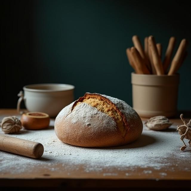 Artisan bread making station with flour dust and scoring tools
