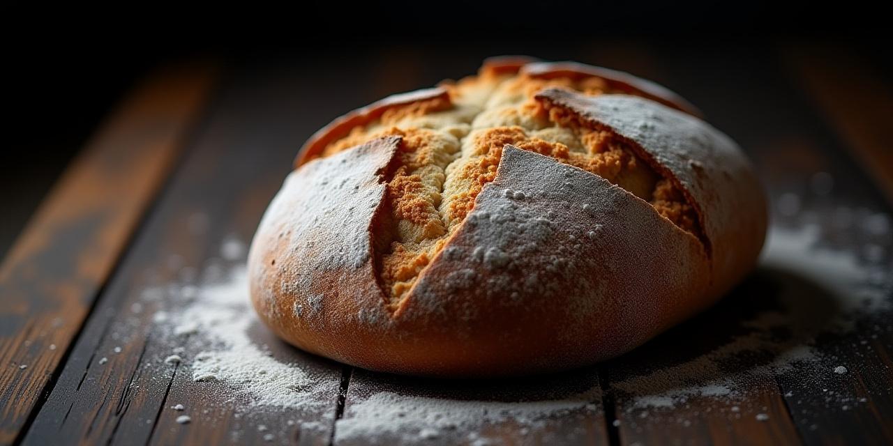 Artisan sourdough bread on a floured workbench